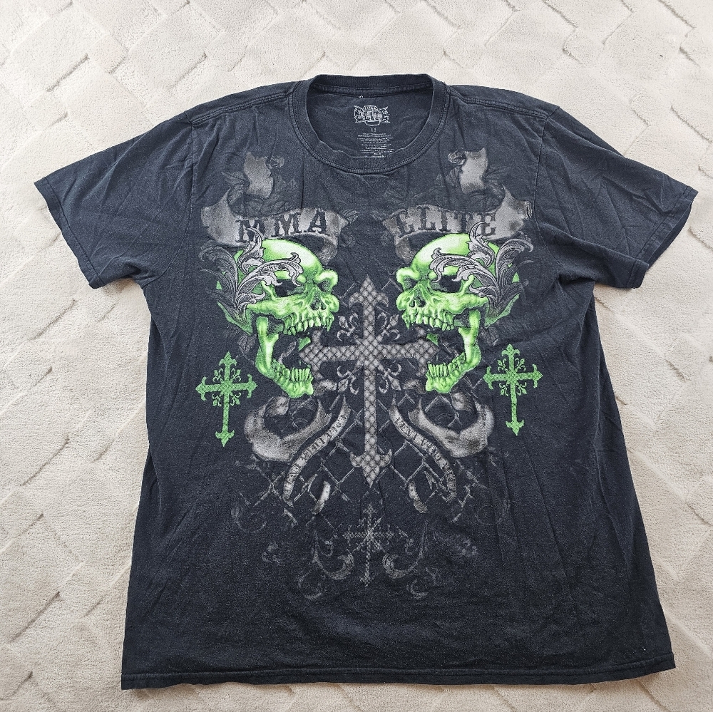 MMA Elite Graphic Print Shirt Mens Large Black Grunge Y2K Vintage Skull Cross